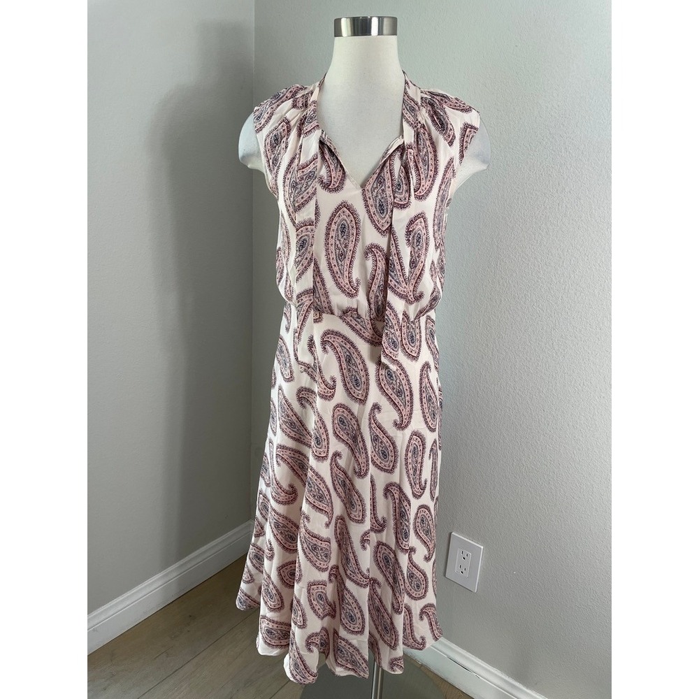 Ann Taylor Womens 6 Petite Pink Paisley Tie Neck Sleeveless Midi Dress